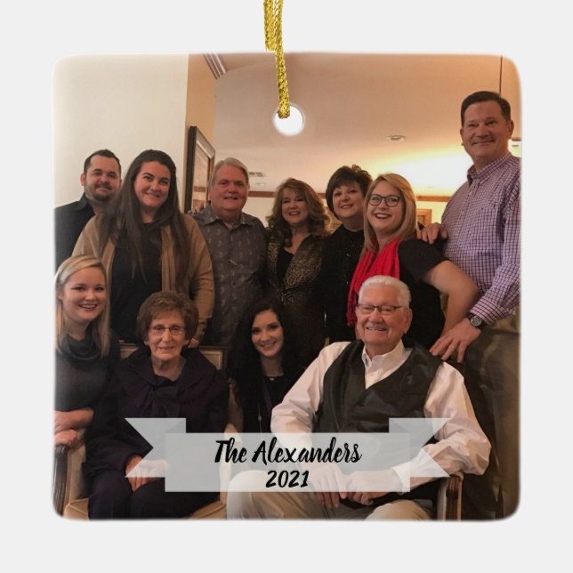 Elegant Family Photo on Banner Christmas Ceramic Ornament (Front)
