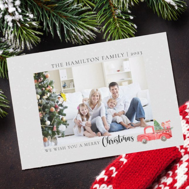 Elegant Family Photo Watercolor Christmas Truck Holiday Card (Creator Uploaded)
