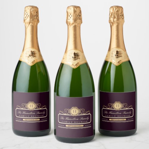 Elegant Family Reunion Burgundy Gold Sparkling Wine Label