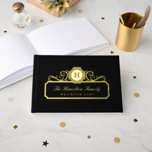 Elegant Family Reunion Gold Foil Monogram Black Foil Guest Book