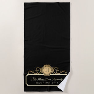 Elegant Family Reunion Gold Monogram Black Beach Towel