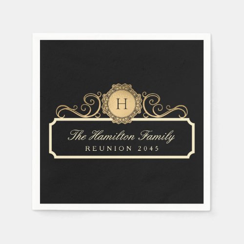 Elegant Family Reunion Gold Monogram Black Napkins