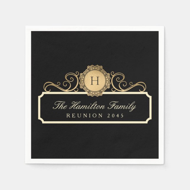 Elegant Family Reunion Gold Monogram Black Napkins (Front)