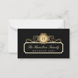 Elegant Family Reunion Gold Monogram Black Note Card