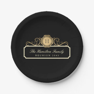 Elegant Family Reunion Gold Monogram Black Paper Plates