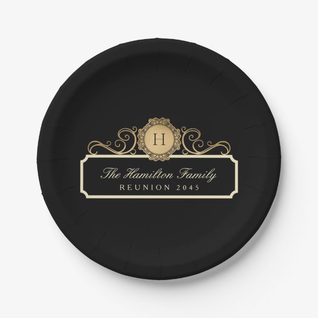 Elegant Family Reunion Gold Monogram Black Paper Plates (Front)