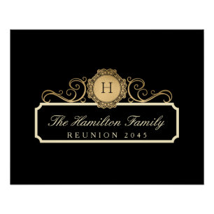 Elegant Family Reunion Gold Monogram Black Poster