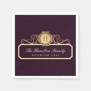 Elegant Family Reunion Gold Monogram Burgundy Napkins