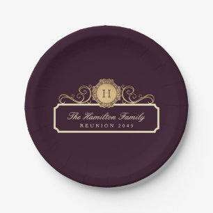 Elegant Family Reunion Gold Monogram Burgundy Paper Plates