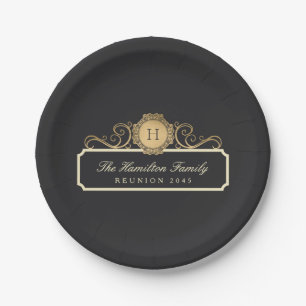 Elegant Family Reunion Gold Monogram Charcoal Paper Plates