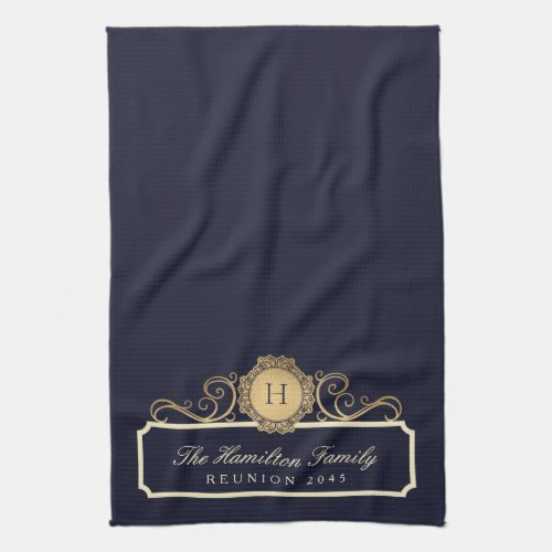 Elegant Family Reunion Gold Monogram Navy Kitchen Towel