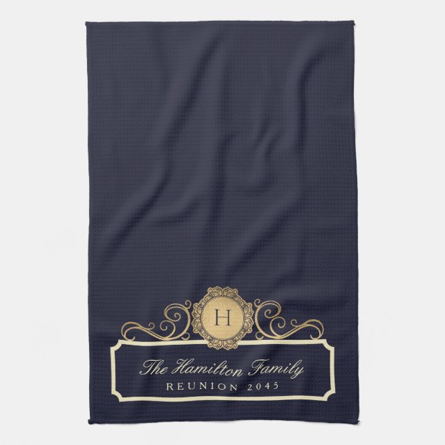 Elegant Family Reunion Gold Monogram Navy Kitchen Towel (Vertical)