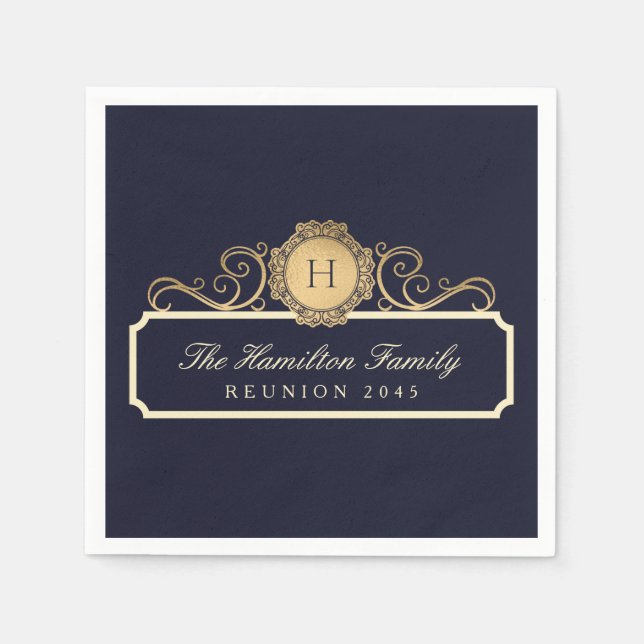 Elegant Family Reunion Gold Monogram Navy Napkins (Front)