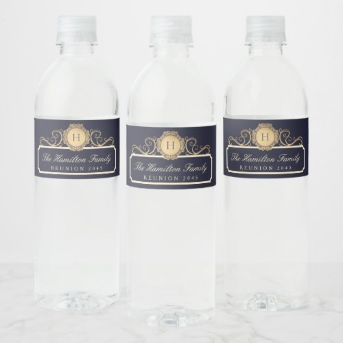 Elegant Family Reunion Gold Monogram Navy Water Bottle Label