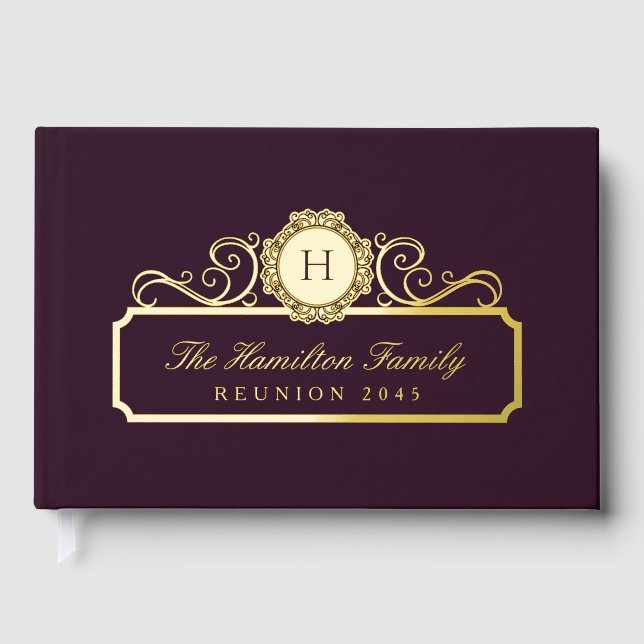 Elegant Family Reunion Gold Monogram Wine Burgundy Foil Guest Book (Front)