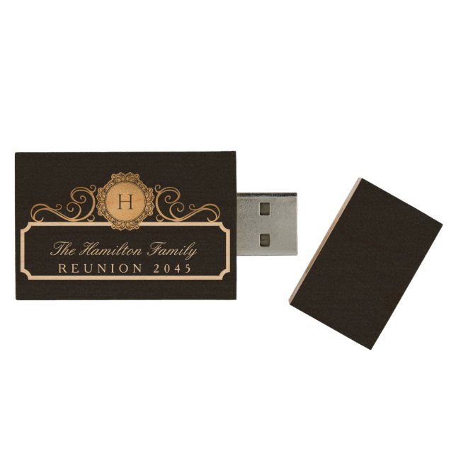 Elegant Family Reunion Monogram Black  Wood Flash Drive (Opened)