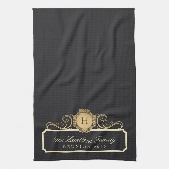 Elegant Family Reunion Monogram Charcoal Kitchen Towel (Vertical)