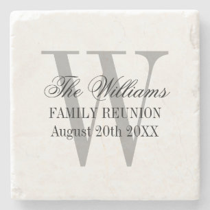 Elegant family reunion name monogram white marble stone coaster