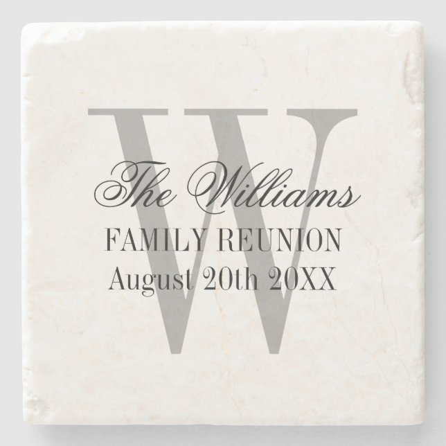 Elegant family reunion name monogram white marble stone coaster (Front)