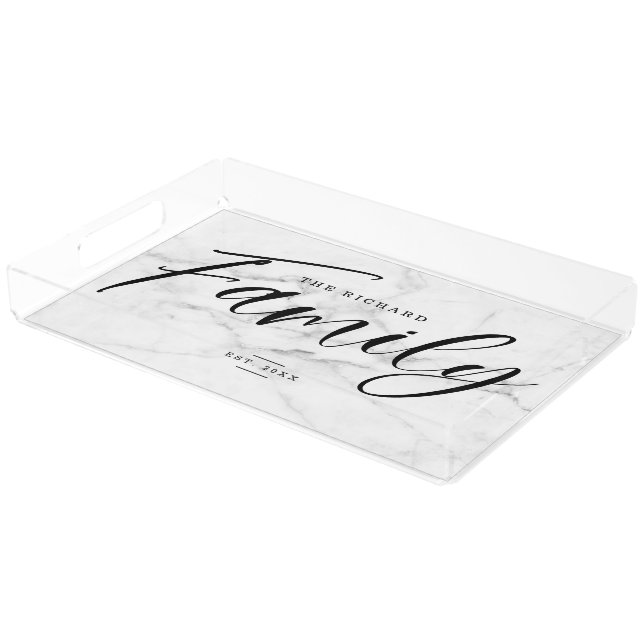 Elegant Family Script Faux White Marble Family Acrylic Tray (Angled)