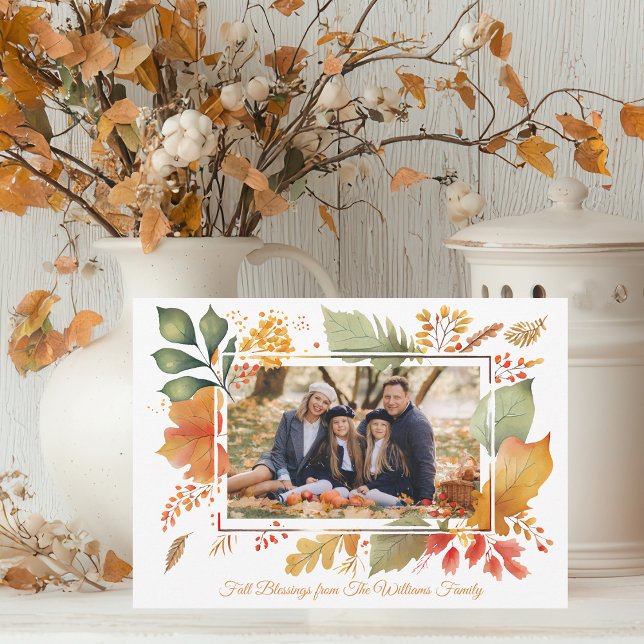 Elegant Family Thanksgiving Photo Fall Foliage Holiday Card (Creator Uploaded)