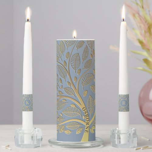 Elegant Family Tree Gold Leaf Pattern Dusty Blue Unity Candle Set