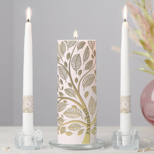 Elegant Family Tree Gold Leaf Pattern on Blush Unity Candle Set