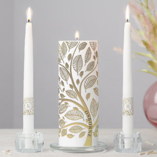 Elegant Family Tree Gold Leaf Pattern on White Unity Candle Set