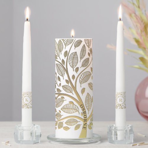Elegant Family Tree Gold Leaf Pattern on White Unity Candle Set