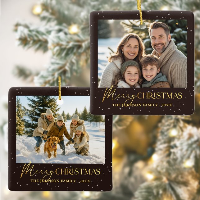 Elegant Family Two Photo Double Sided Christmas Ceramic Ornament (Elegant black Merry Christmas ornament with double sided photos - create your own unique memento! )