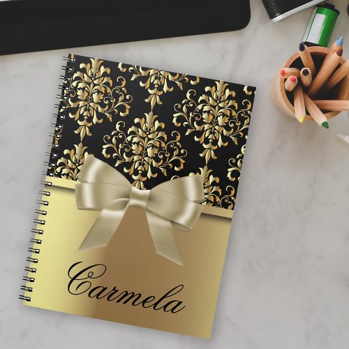 Elegant Fancy Chic Gold And Black Damask With Bow Notebook