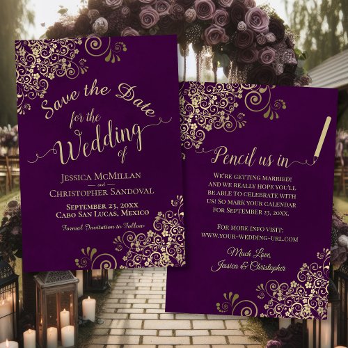 Elegant Fancy Gold Filigree on Plum Purple Wedding Save The Date