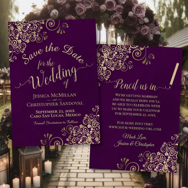 Elegant Fancy Gold Filigree on Plum Purple Wedding Save The Date (Front/Back)