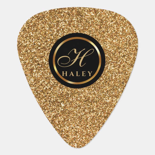 Elegant fancy Gold Glitter Effect Monogram Initial Guitar Pick (Front)