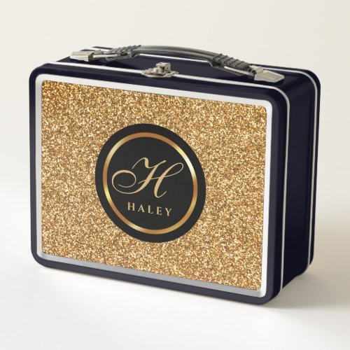 Elegant fancy Gold Glitter Effect Monogram Initial Metal Lunch Box