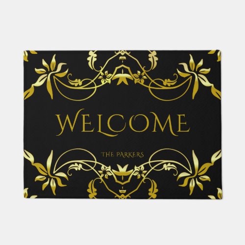 Elegant Fancy Gold Ornate Frame On Black Welcome Doormat