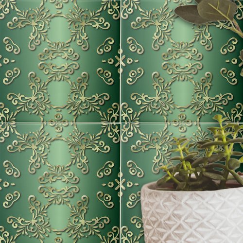 Elegant Fancy Luxury Ornate Gold Green Emerald Ceramic Tile