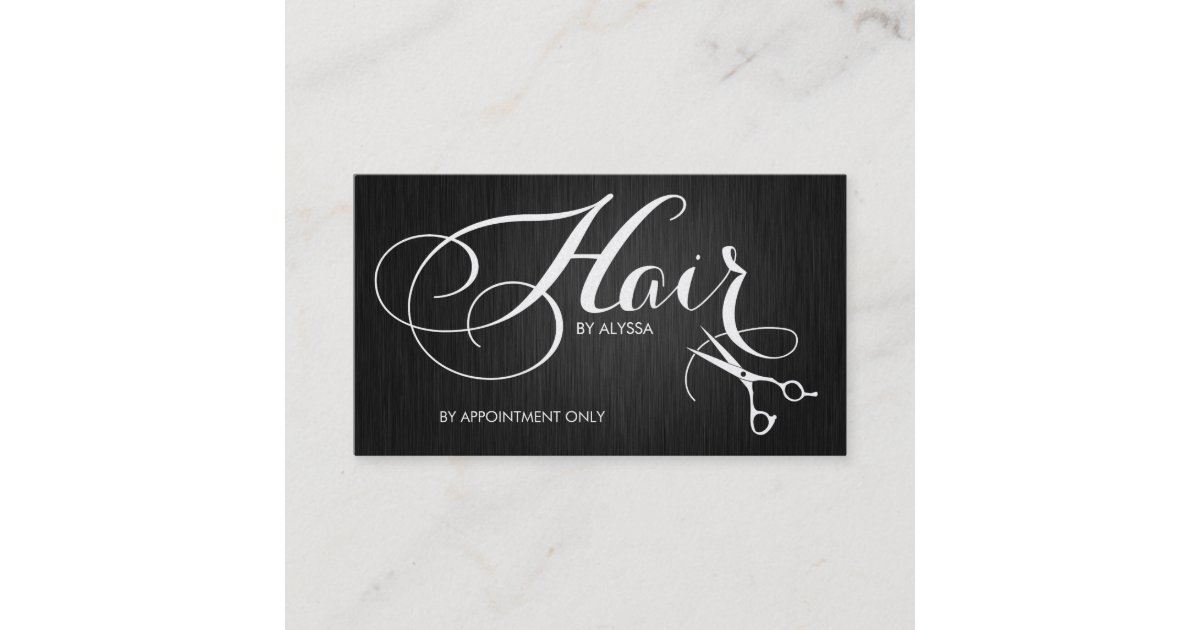 Elegant Fancy Script Hair Stylist on black fiber Business Card | Zazzle