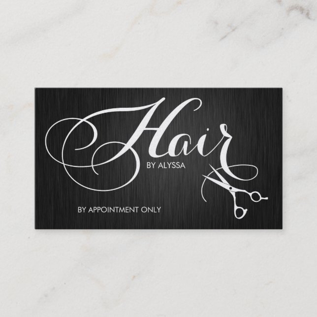 Elegant Fancy Script Hair Stylist on black fiber Business Card (Front)