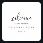 Elegant Fancy Script Wedding Welcome  Square Sticker<br><div class="desc">This elegant fancy script wedding welcome square sticker is perfect for a rustic wedding. The simple and elegant design features classic and fancy script typography in black. 

These labels are perfect for hotel guest welcome bags and destination weddings.</div>