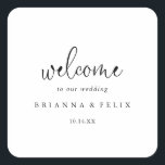 Elegant Fancy Script Wedding Welcome  Square Sticker<br><div class="desc">This elegant fancy script wedding welcome square sticker is perfect for a rustic wedding. The simple and elegant design features classic and fancy script typography in black. 

These labels are perfect for hotel guest welcome bags and destination weddings.</div>