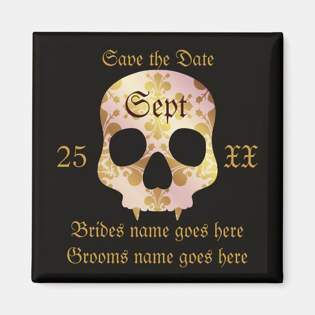 Elegant fanged skull golden skull save the date magnet (Front)