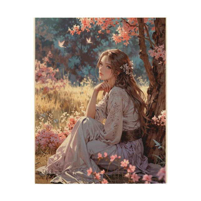 Elegant Fantasy Girl Under Cherry Blossoms Wood Wall Art (Front)