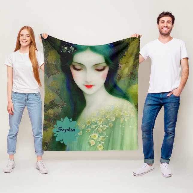 Elegant Fantasy Woman Portrait in Green and Blue Fleece Blanket (In Situ)