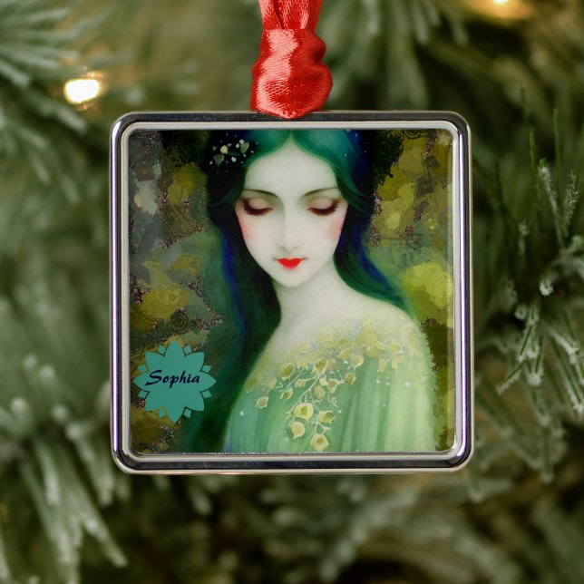 Elegant Fantasy Woman Portrait in Green and Blue Metal Ornament (Tree)