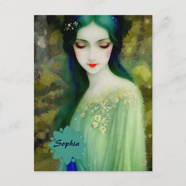 Elegant Fantasy Woman Portrait in Green and Blue Postcard (Front)