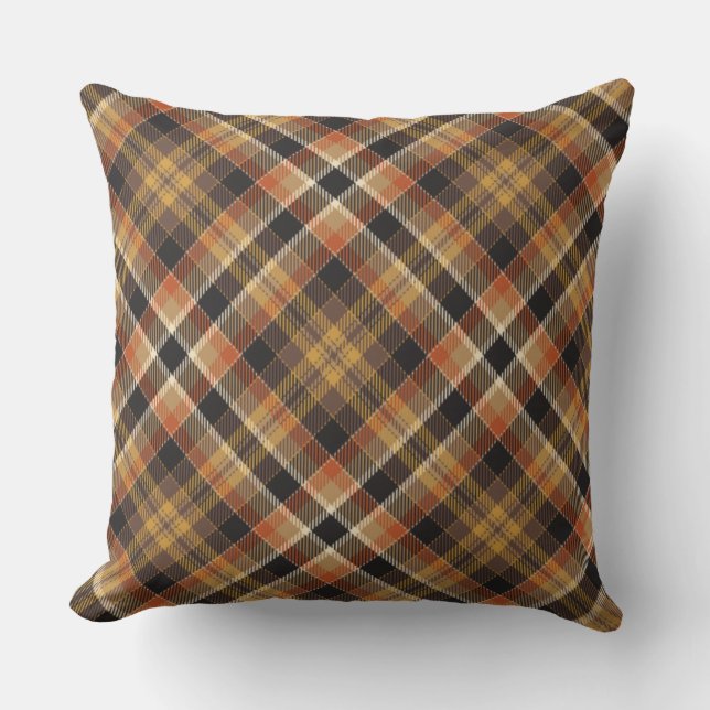 Elegant farmhouse and country look tartan brown throw pillow (Front)