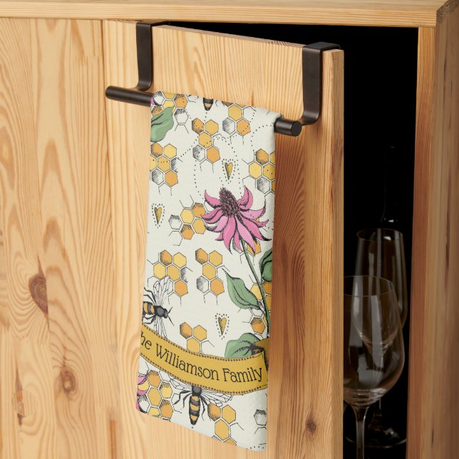 Elegant Farmhouse Bee & Honeycomb Family Name Kitchen Towel (Thirds Fold)