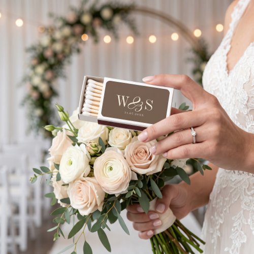 Elegant farmhouse brown wedding couples initials matchboxes