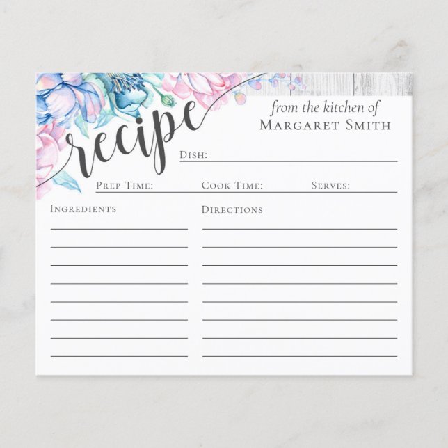 Elegant Farmhouse Floral Personalized Recipe Card Flyer (Front)